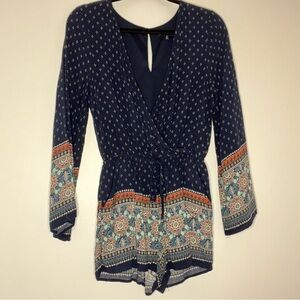 Navy Patterned Long Sleeve Romper